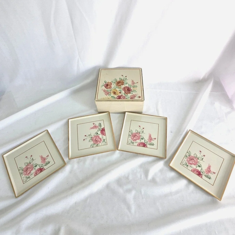Vintage Otagiri Japan English Rose Coaster Set with Storage Box Floral 5 Piece